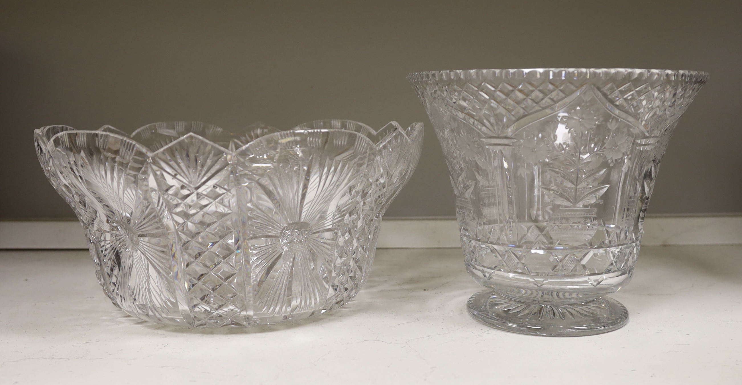 Two early 20th century large cut glass bowls, largest 38cm diameter